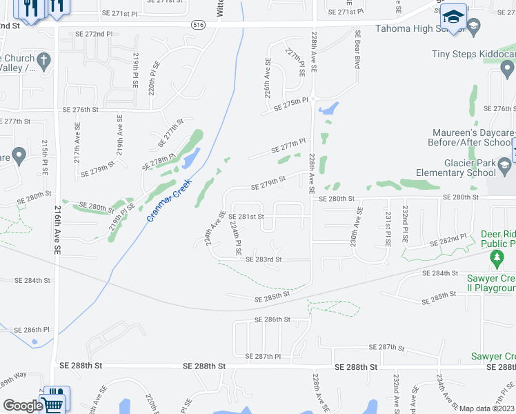 map of restaurants, bars, coffee shops, grocery stores, and more near 22504 Southeast 280th Place in Maple Valley