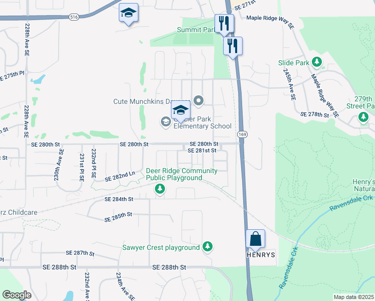 map of restaurants, bars, coffee shops, grocery stores, and more near 23824 Southeast 281st Street in Maple Valley