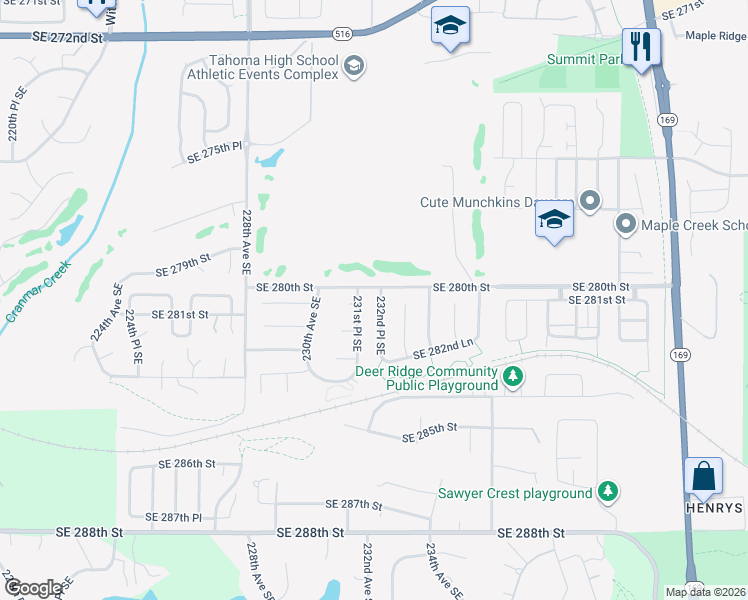 map of restaurants, bars, coffee shops, grocery stores, and more near 28004 231st Place Southeast in Maple Valley