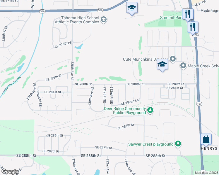 map of restaurants, bars, coffee shops, grocery stores, and more near 28004 231st Place Southeast in Maple Valley