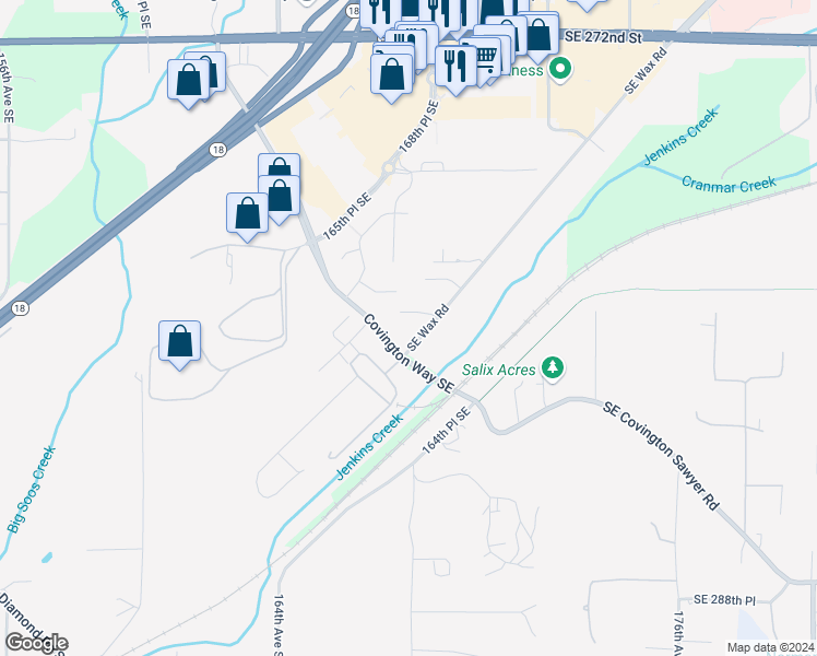 map of restaurants, bars, coffee shops, grocery stores, and more near 16820 Southeast Wax Road in Covington