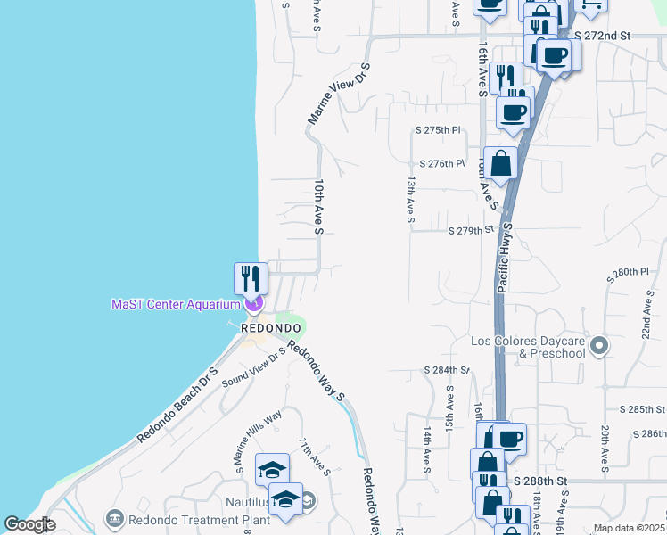 map of restaurants, bars, coffee shops, grocery stores, and more near 28001 10th Avenue South in Seattle