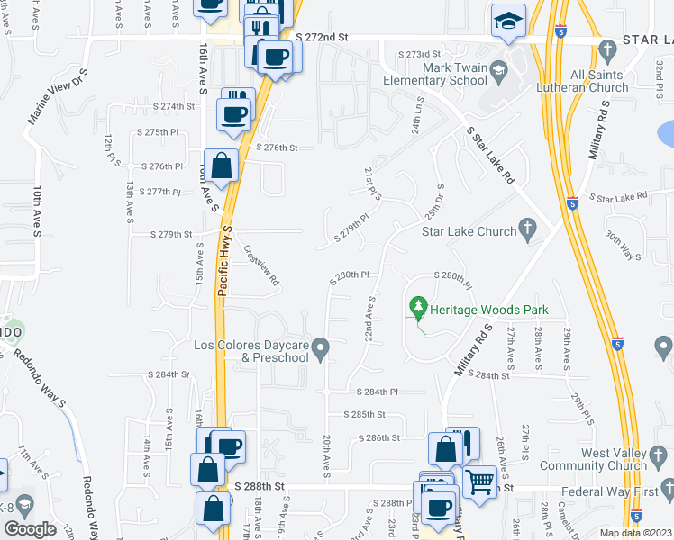 map of restaurants, bars, coffee shops, grocery stores, and more near 2002 South 280th Place in Federal Way
