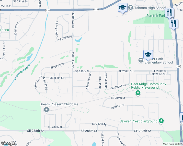 map of restaurants, bars, coffee shops, grocery stores, and more near 28002 230th Avenue Southeast in Maple Valley