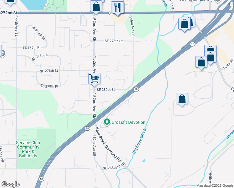 map of restaurants, bars, coffee shops, grocery stores, and more near 15405 Southeast 280th Street in Kent
