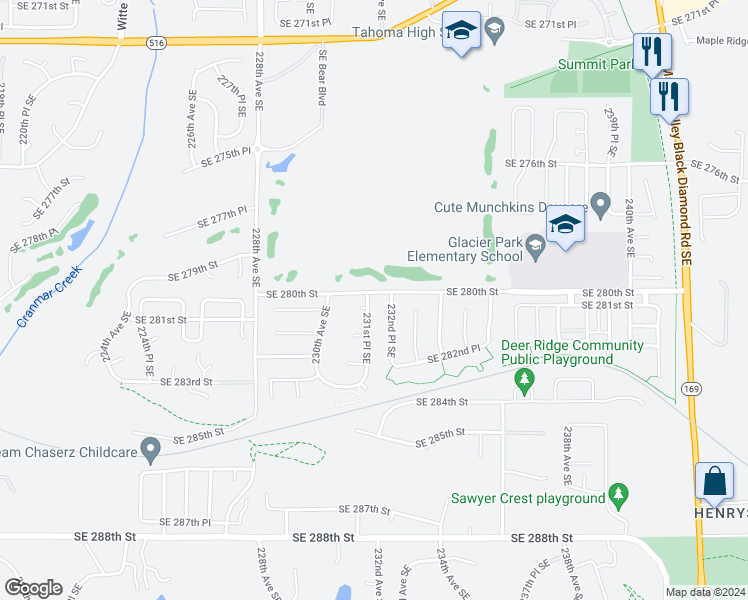 map of restaurants, bars, coffee shops, grocery stores, and more near 28004 231st Place Southeast in Maple Valley