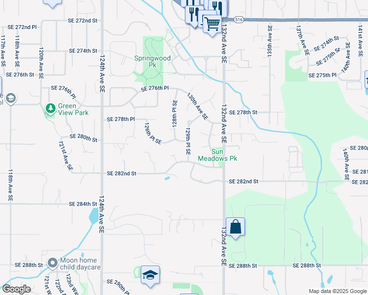 map of restaurants, bars, coffee shops, grocery stores, and more near 28013 129th Place Southeast in Kent
