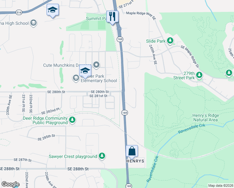 map of restaurants, bars, coffee shops, grocery stores, and more near 24114 Southeast 281st Street in Maple Valley