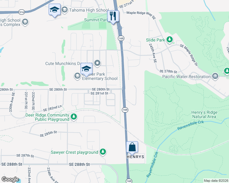 map of restaurants, bars, coffee shops, grocery stores, and more near 24108 Southeast 281st Street in Maple Valley