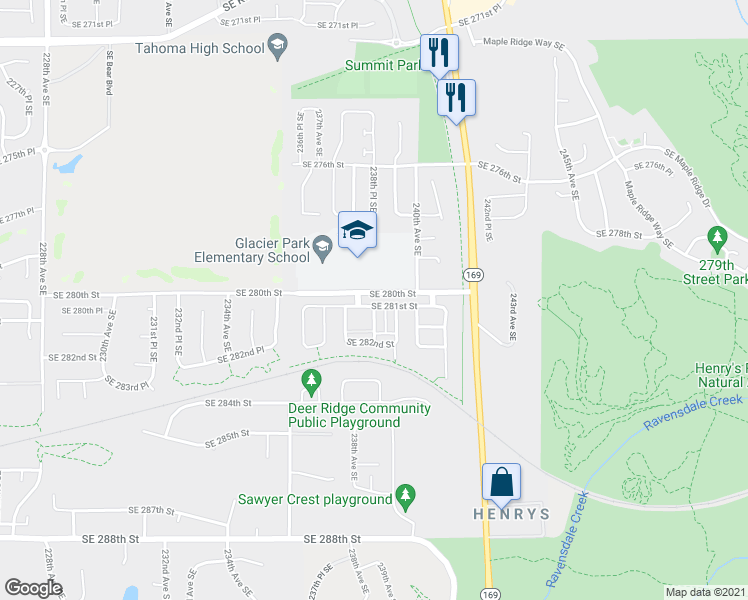 map of restaurants, bars, coffee shops, grocery stores, and more near 23834 Southeast 281st Street in Maple Valley