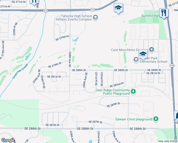map of restaurants, bars, coffee shops, grocery stores, and more near 28002 230th Avenue Southeast in Maple Valley