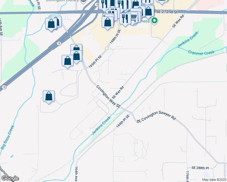 map of restaurants, bars, coffee shops, grocery stores, and more near 16820 Southeast Wax Road in Covington