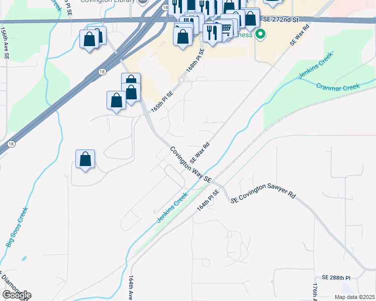 map of restaurants, bars, coffee shops, grocery stores, and more near 16820 Southeast Wax Road in Covington
