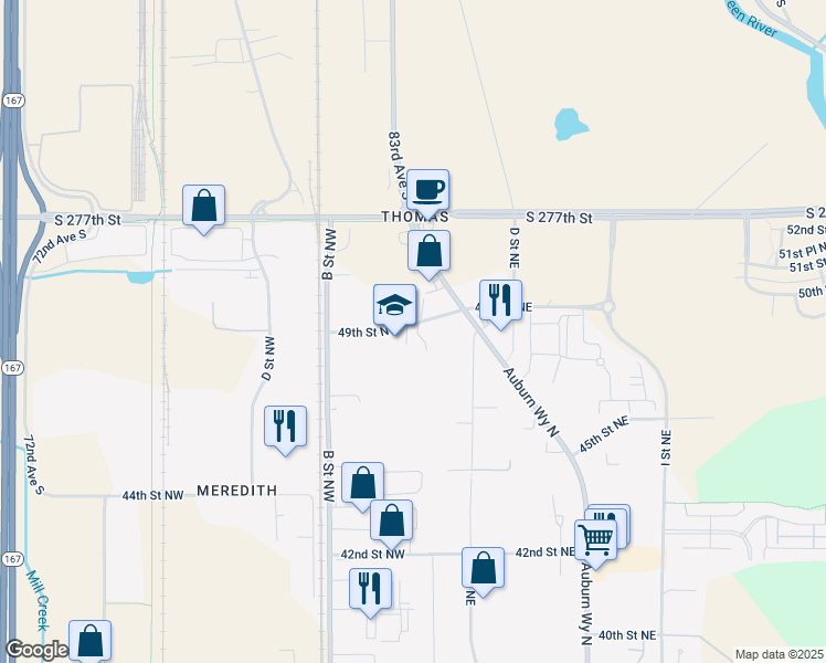 map of restaurants, bars, coffee shops, grocery stores, and more near 8223 49th Street Northwest in Auburn