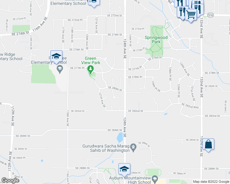 map of restaurants, bars, coffee shops, grocery stores, and more near 28021 122nd Place Southeast in Kent