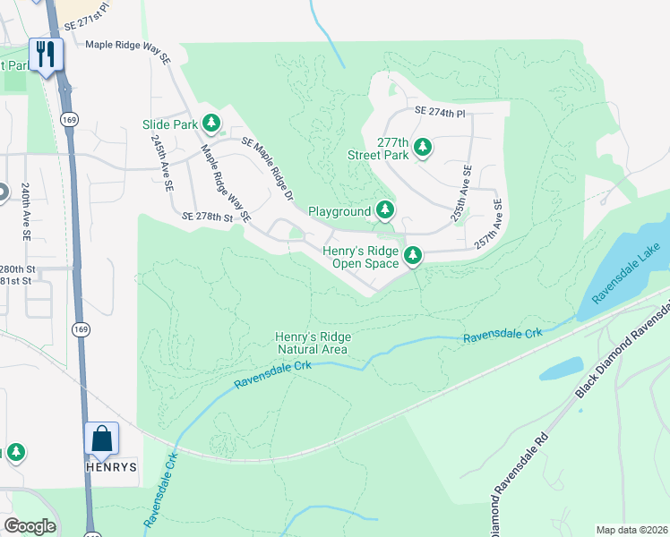 map of restaurants, bars, coffee shops, grocery stores, and more near 28035 Maple Ridge Way Southeast in Maple Valley