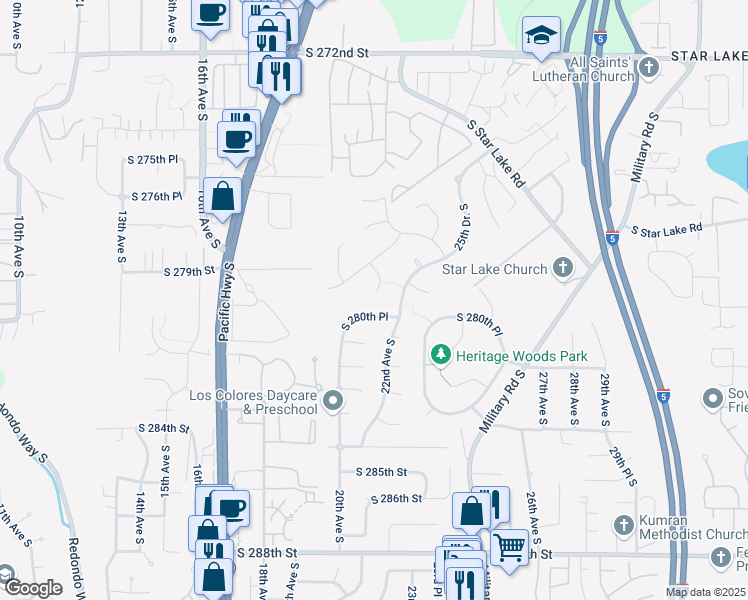 map of restaurants, bars, coffee shops, grocery stores, and more near 2032 South 280th Place in Federal Way