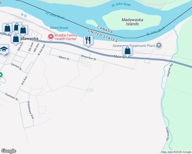 map of restaurants, bars, coffee shops, grocery stores, and more near Cross Road in Madawaska