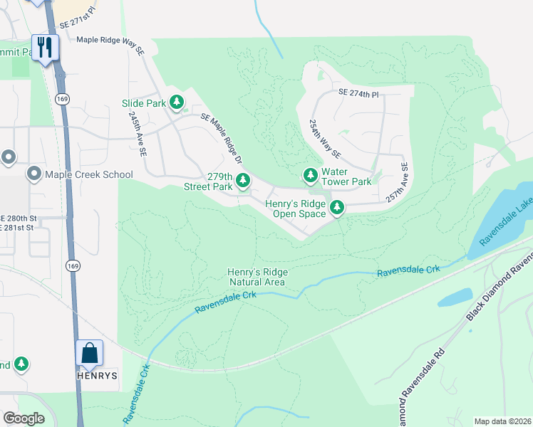 map of restaurants, bars, coffee shops, grocery stores, and more near 28043 Maple Ridge Way Southeast in Maple Valley