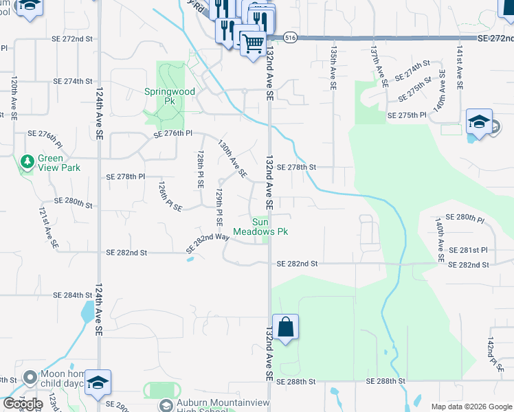 map of restaurants, bars, coffee shops, grocery stores, and more near 13107 Southeast 279th Place in Kent