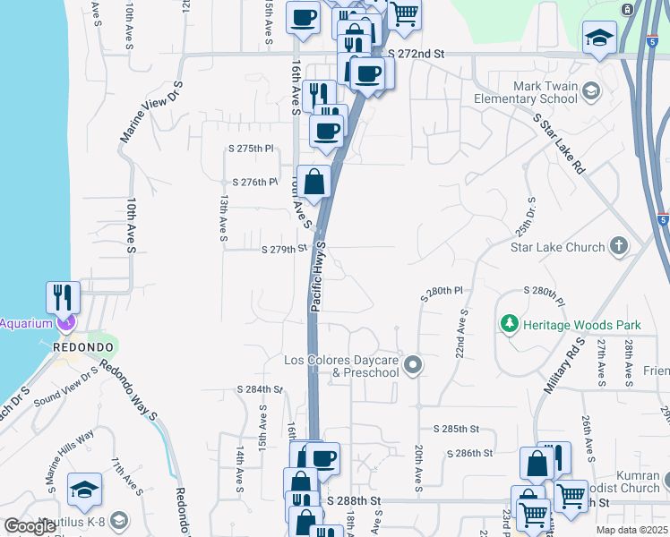 map of restaurants, bars, coffee shops, grocery stores, and more near 27912 Pacific Highway South in Federal Way
