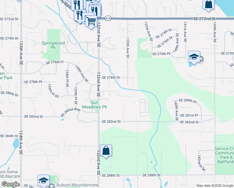 map of restaurants, bars, coffee shops, grocery stores, and more near 13331 Southeast 279th Place in Kent
