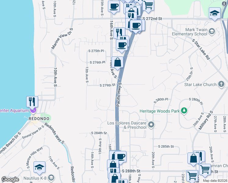 map of restaurants, bars, coffee shops, grocery stores, and more near 27920 15th Avenue South in Federal Way