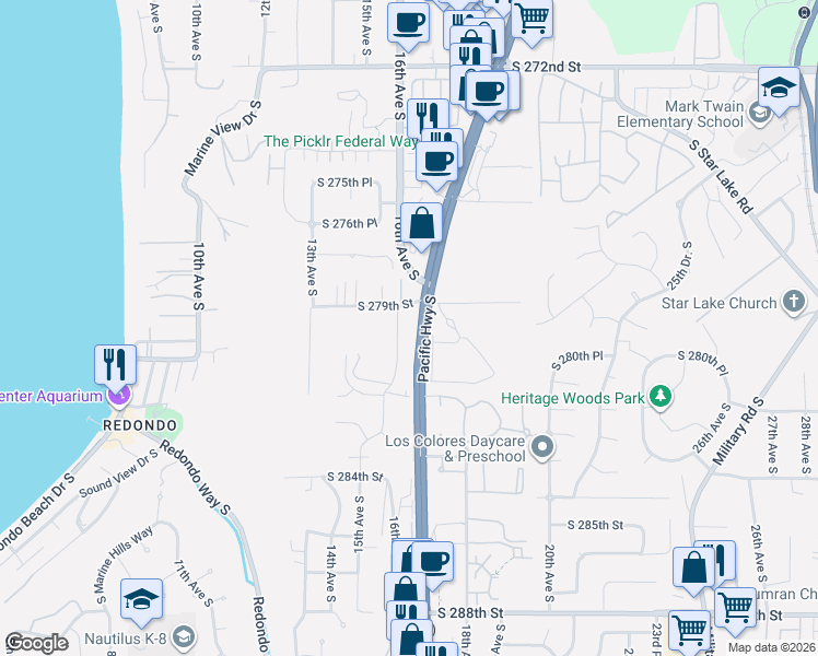map of restaurants, bars, coffee shops, grocery stores, and more near 28006 15th Avenue South in Federal Way