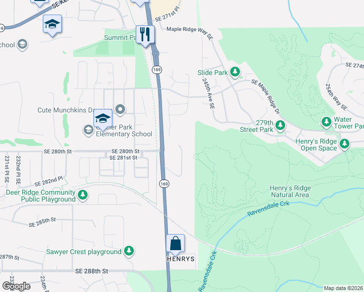 map of restaurants, bars, coffee shops, grocery stores, and more near 28020 243rd Avenue Southeast in Maple Valley