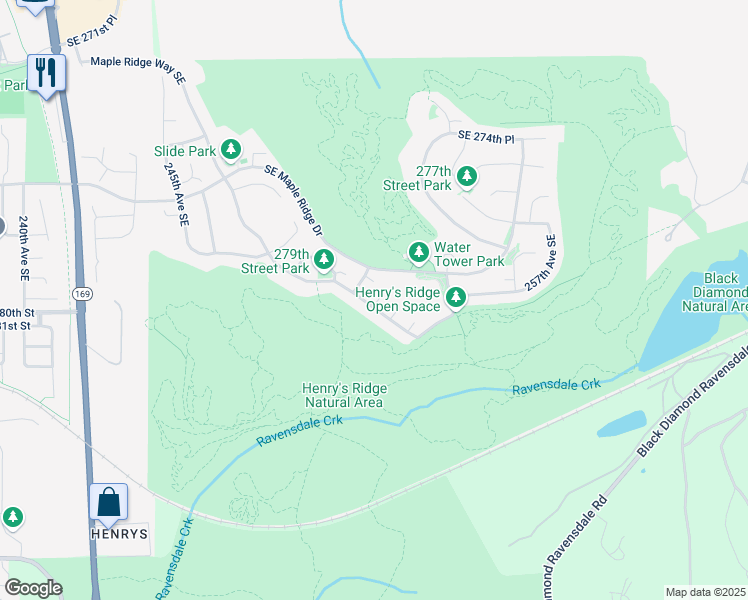 map of restaurants, bars, coffee shops, grocery stores, and more near 28043 Maple Ridge Way Southeast in Maple Valley