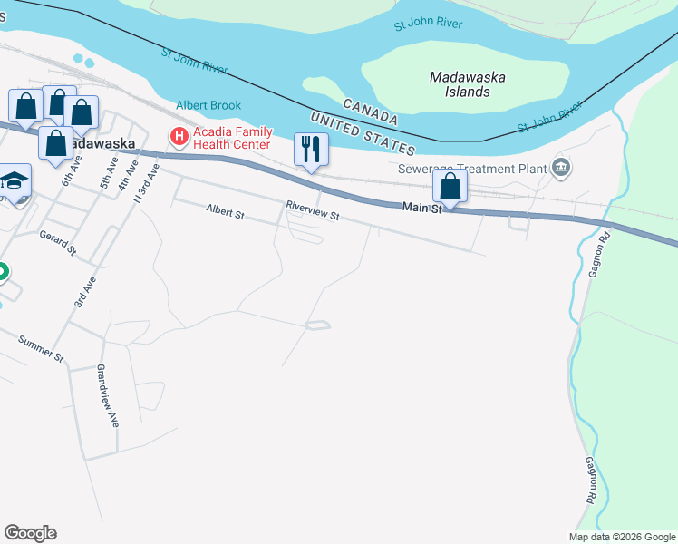 map of restaurants, bars, coffee shops, grocery stores, and more near Cross Road in Madawaska
