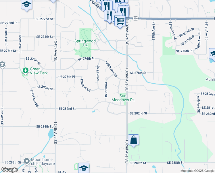 map of restaurants, bars, coffee shops, grocery stores, and more near 27836 129th Place Southeast in Kent