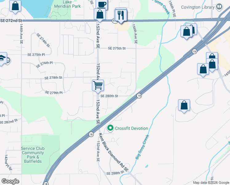 map of restaurants, bars, coffee shops, grocery stores, and more near 15405 Southeast 280th Street in Kent