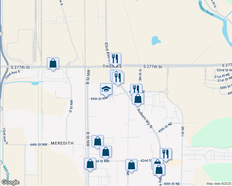 map of restaurants, bars, coffee shops, grocery stores, and more near 8223 49th Street Northwest in Auburn