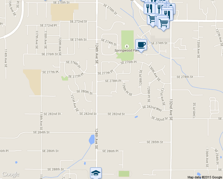 map of restaurants, bars, coffee shops, grocery stores, and more near 12516 Southeast 279th Place in Kent