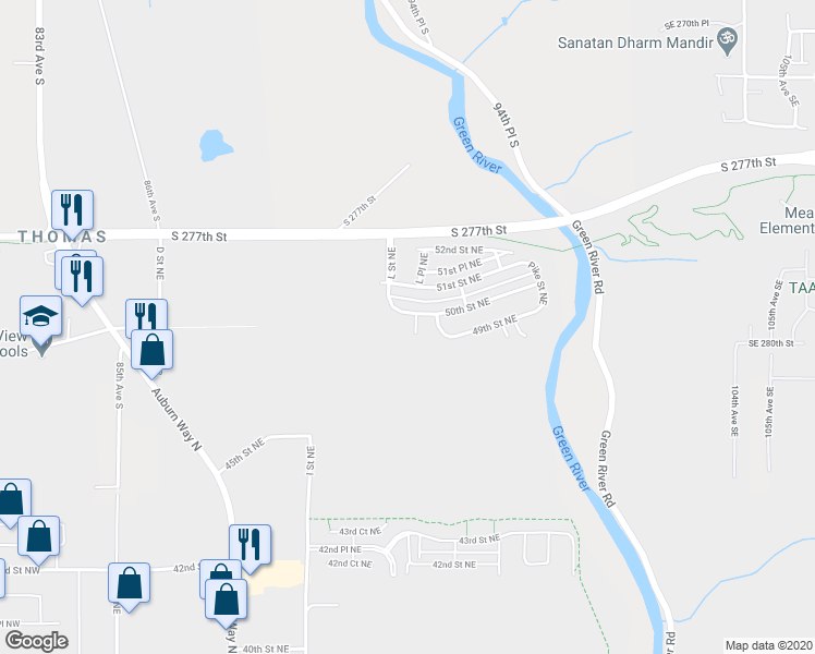 map of restaurants, bars, coffee shops, grocery stores, and more near 1213 50th Street Northeast in Auburn