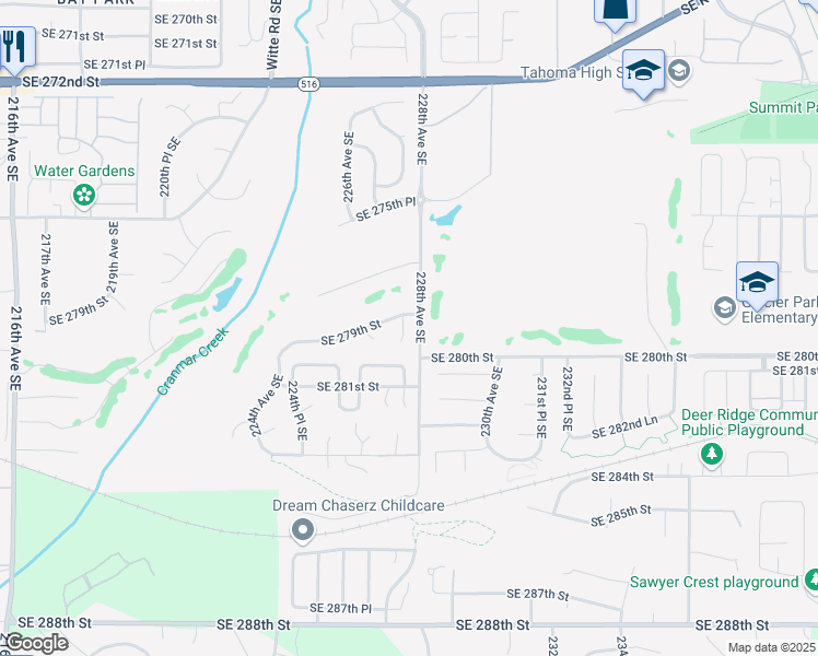 map of restaurants, bars, coffee shops, grocery stores, and more near 27910 227th Court Southeast in Maple Valley