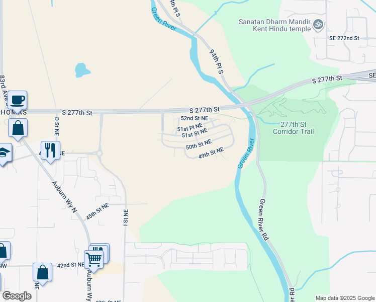 map of restaurants, bars, coffee shops, grocery stores, and more near 1302 50th Street Northeast in Auburn