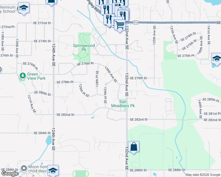 map of restaurants, bars, coffee shops, grocery stores, and more near 13010 Southeast 279th Place in Kent