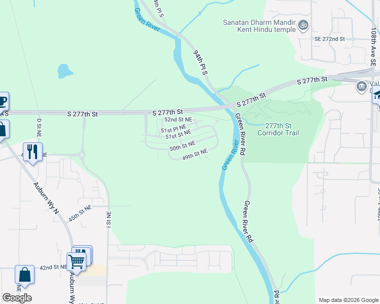 map of restaurants, bars, coffee shops, grocery stores, and more near 1411 50th Street Northeast in Auburn