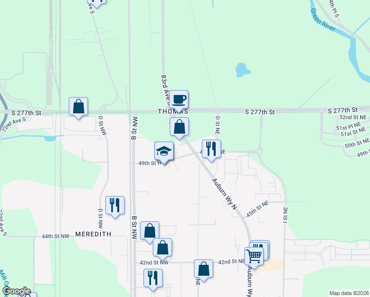 map of restaurants, bars, coffee shops, grocery stores, and more near 113 49th Street Northeast in Auburn