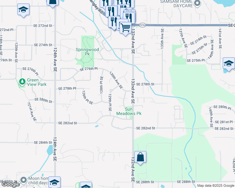 map of restaurants, bars, coffee shops, grocery stores, and more near 13014 Southeast 279th Place in Kent