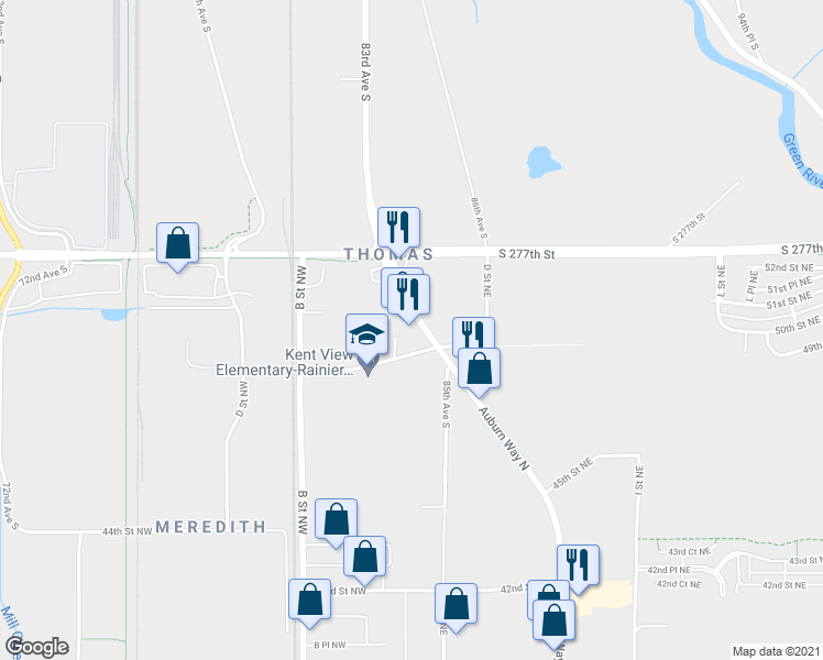 map of restaurants, bars, coffee shops, grocery stores, and more near 113 49th Street Northeast in Auburn