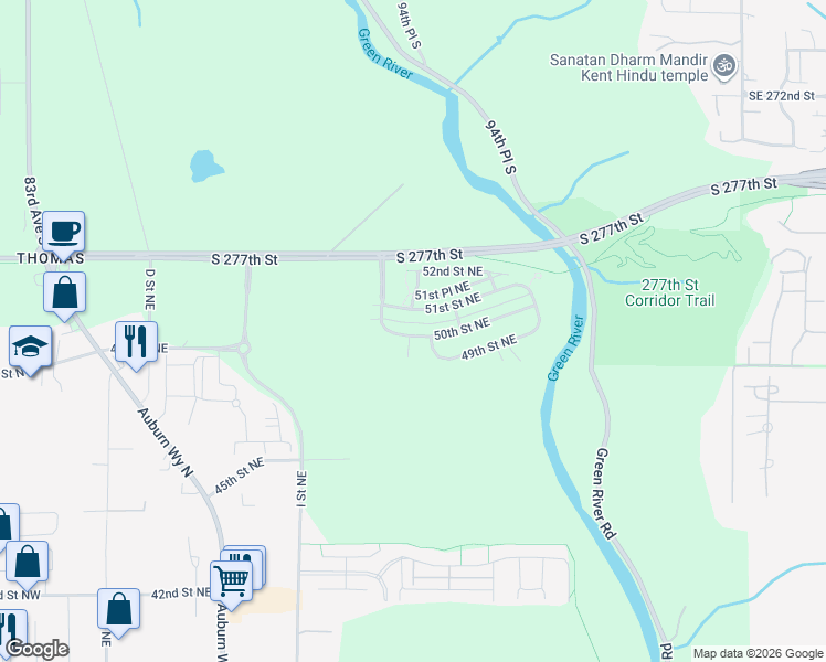 map of restaurants, bars, coffee shops, grocery stores, and more near 1225 50th Street Northeast in Auburn
