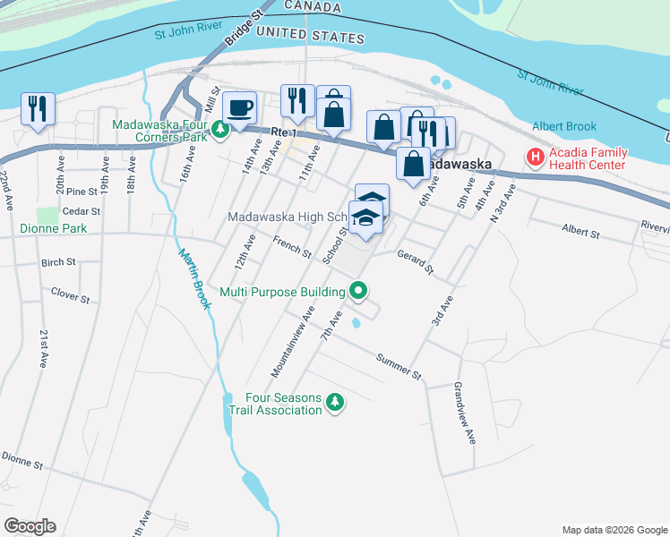 map of restaurants, bars, coffee shops, grocery stores, and more near 391 French Street in Madawaska
