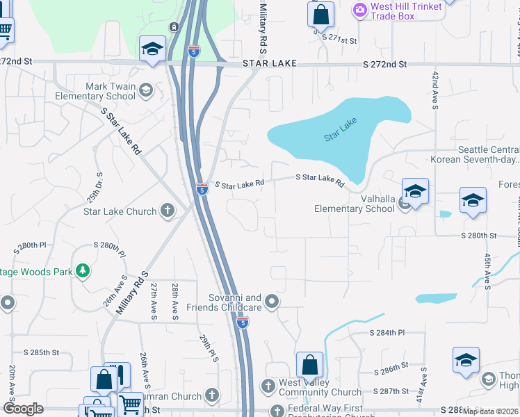 map of restaurants, bars, coffee shops, grocery stores, and more near 27822 31st Place South in Auburn
