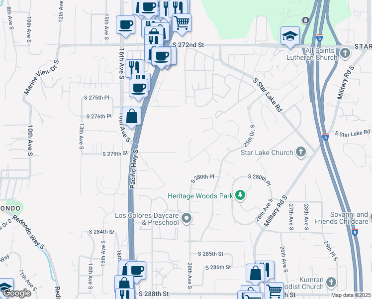 map of restaurants, bars, coffee shops, grocery stores, and more near 27826 20th Place South in Federal Way