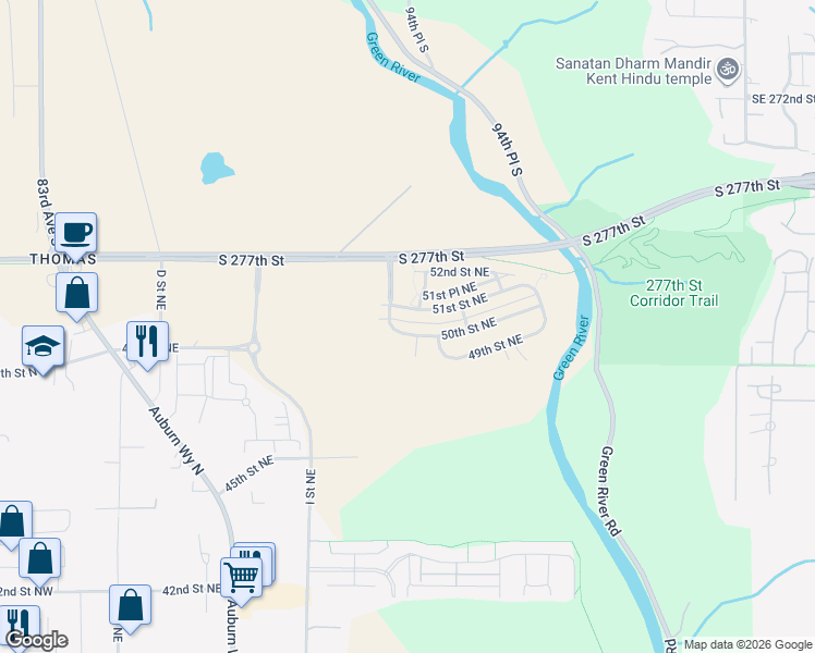 map of restaurants, bars, coffee shops, grocery stores, and more near 1213 50th Street Northeast in Auburn
