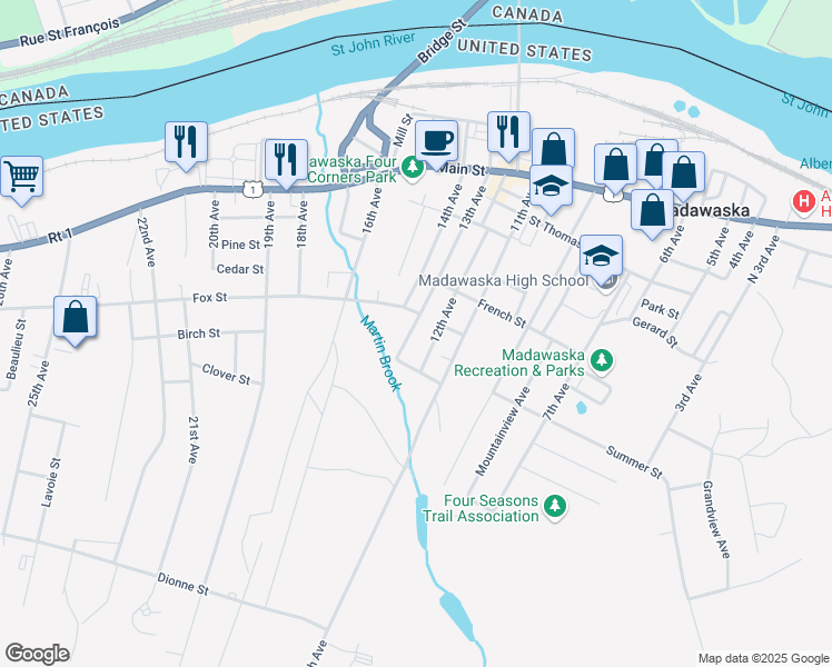map of restaurants, bars, coffee shops, grocery stores, and more near 174 13th Avenue in Madawaska