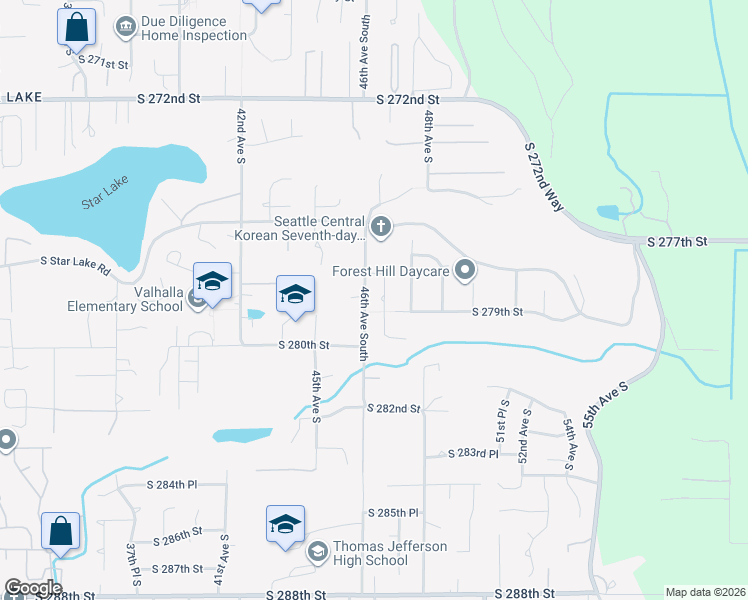 map of restaurants, bars, coffee shops, grocery stores, and more near 27821 47th Place South in Auburn